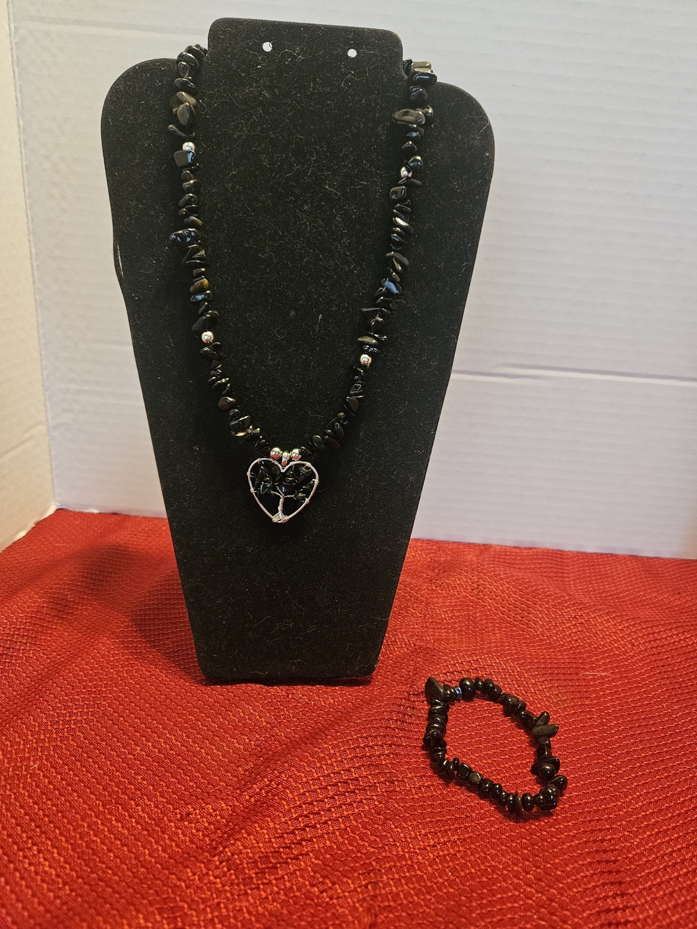Handmade Black Bead Heart  With Tree Of Life Pendant Necklace and Bracelet Set